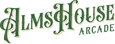 Image of the Almshouse Arcade in greenvintage script font
